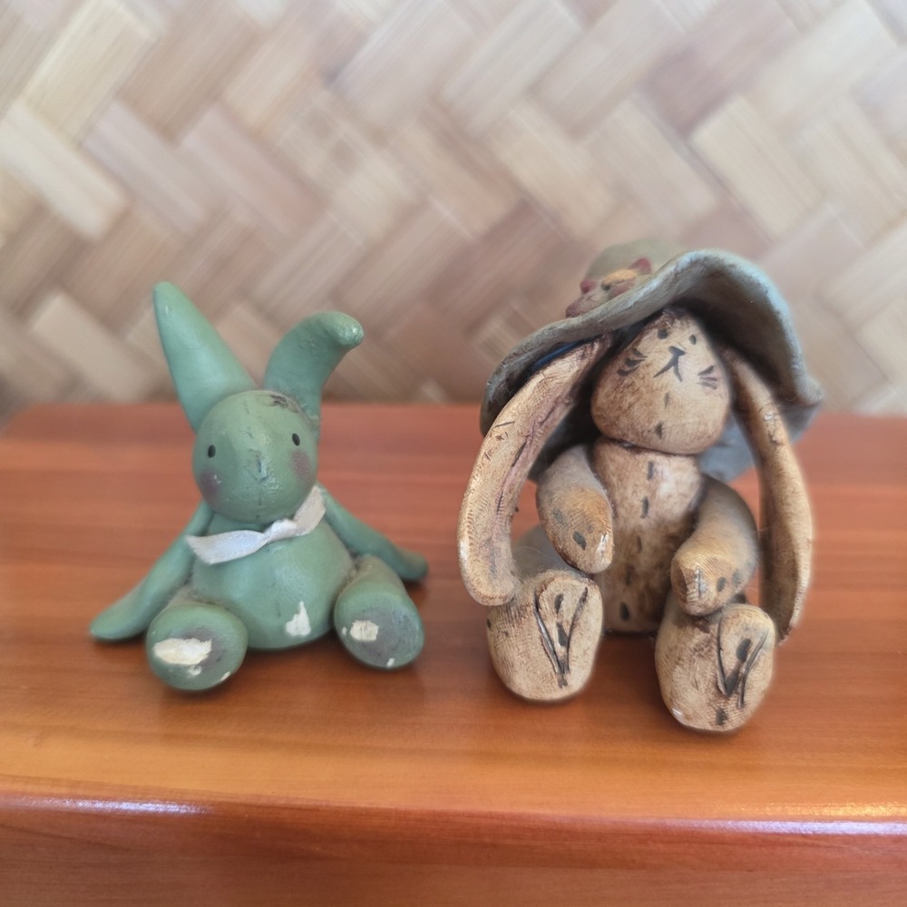 Rabbit Bunny Figurines Miniature Home Decor Primitives Shelf Decor Set of 2
